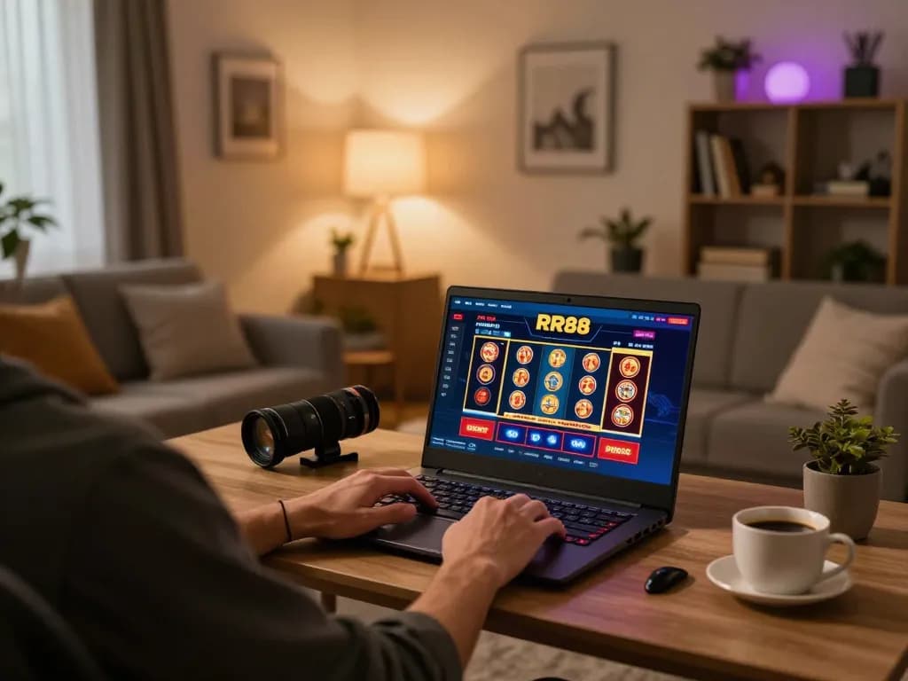 Engaged player exploring online casino games at https://rr88.navy/ while enjoying a cozy home atmosphere.