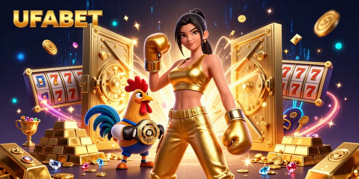 Spin the reels at UFABET while enjoying a dynamic 3D illustration of a champion lady boxer and a rooster surrounded by casino elements.