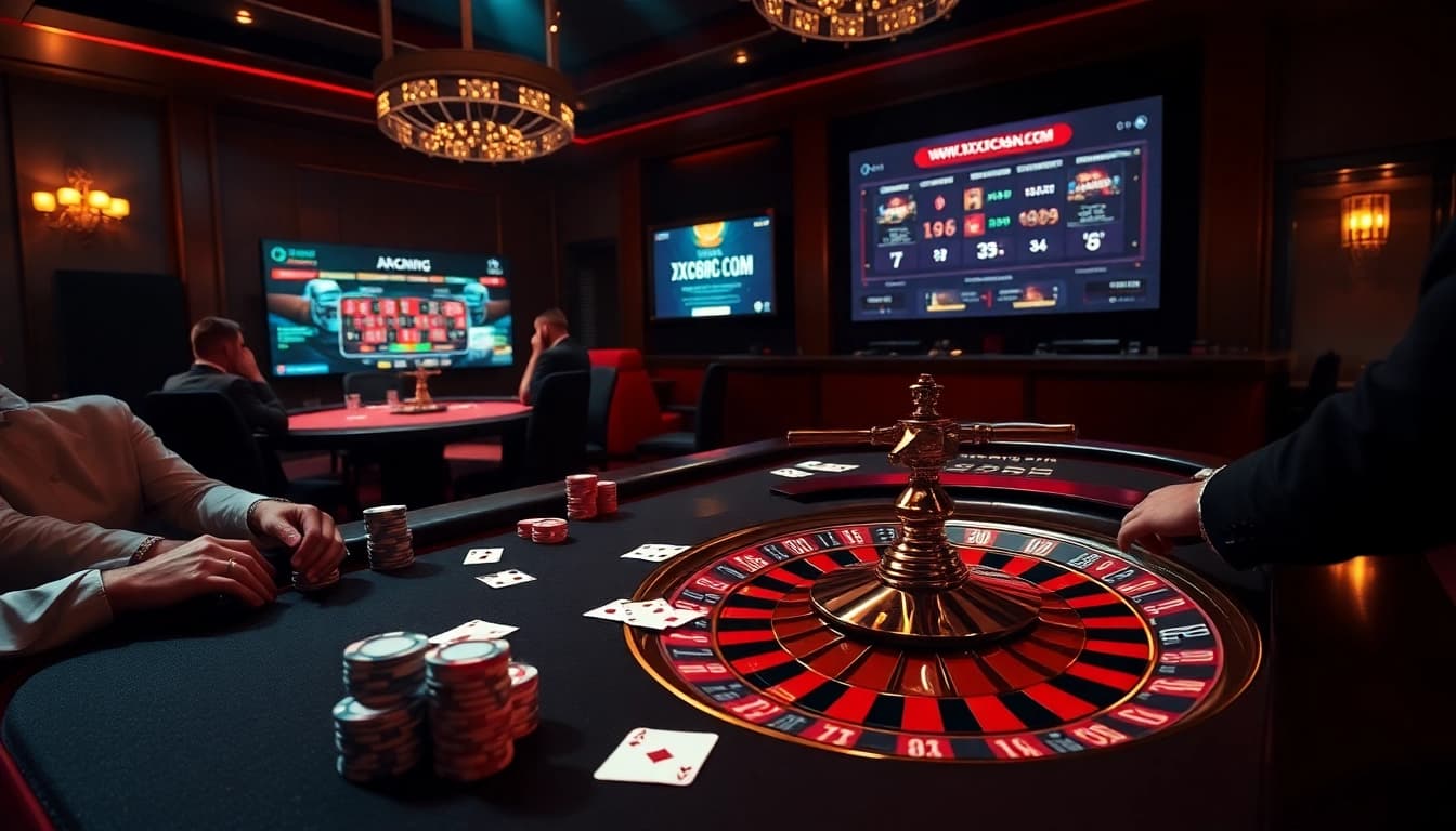 A high-stakes poker game at https://xx88csn.com/ with luxurious ambiance, featuring poker chips and a roulette wheel.