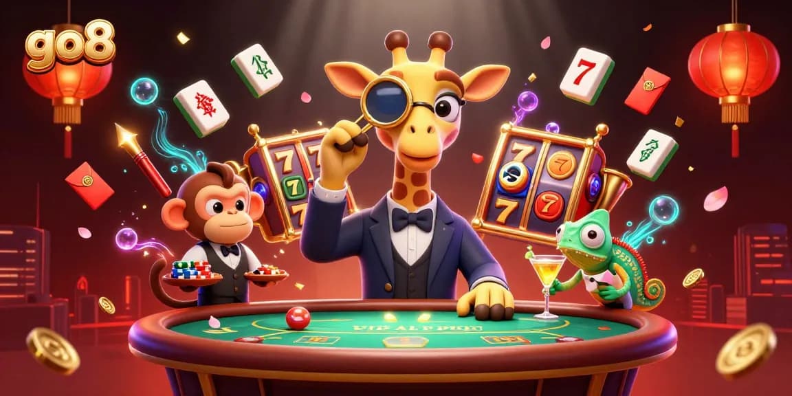 Experience the thrilling world of go8 with a high-roller giraffe, monkey valet, and chameleon bartender.