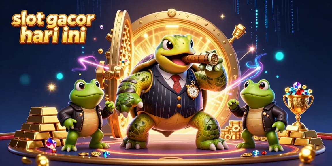 Experience the excitement of slot gacor hari ini with a vibrant 3D illustration featuring a snapping turtle in a mobster suit.