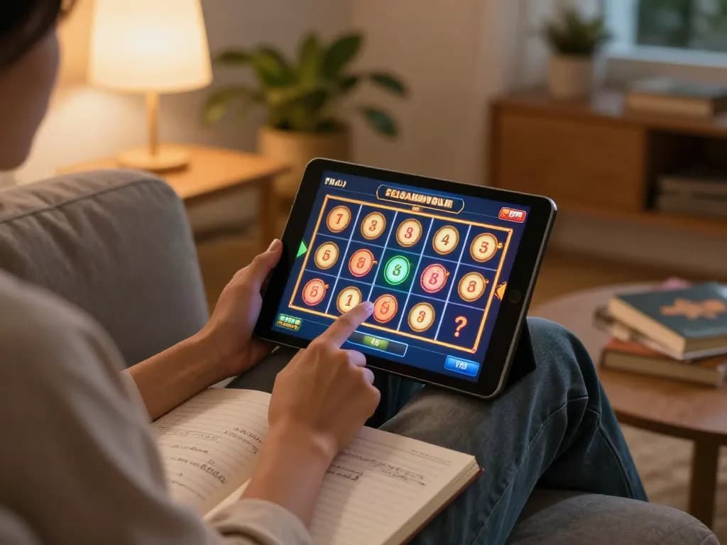 Engaging player spins online slot games on a tablet in a cozy home setting.