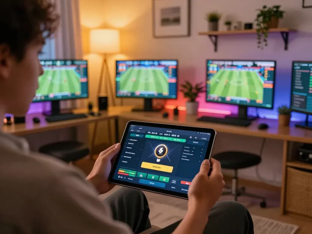 A person engaging in sports betting on a tablet with 45678 betting interface visible.