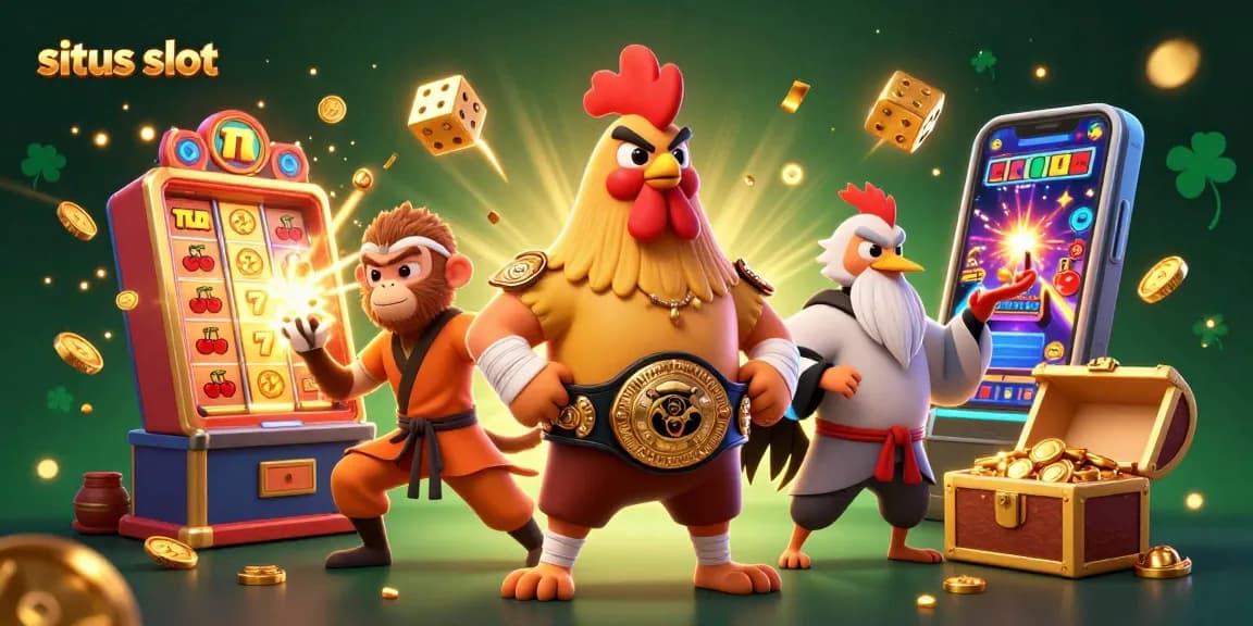 Situs slot scene featuring a Muay Thai rooster, Shaolin monkey, and crane master amid bursting jackpot elements.