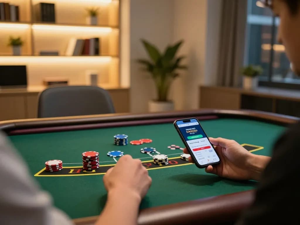 Player engaging in non gamstop casinos on smartphone in a cozy home office atmosphere.