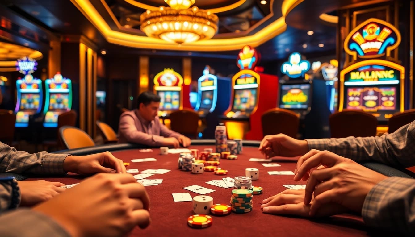 Engage in game bài đổi thưởng at a luxurious poker table with vibrant casino elements.