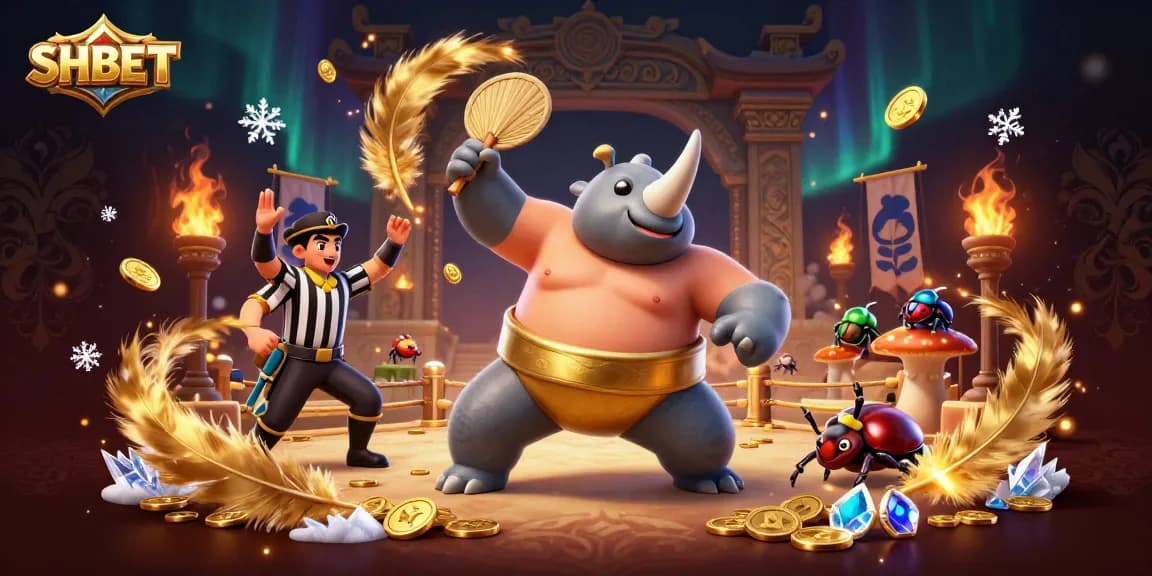 SHBET casino illustration of a sumo champion beetle in action surrounded by golden coins and captivating game elements.