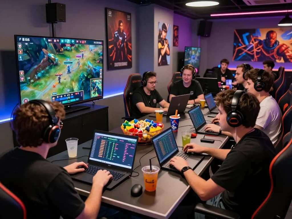 Dota 2 betting enthusiasts engaging in a dynamic esports lounge, surrounded by gaming screens and betting tools.