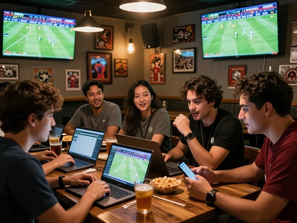 Kèo nhà cái displayed on live screens in a bustling sports bar as friends strategize their betting.