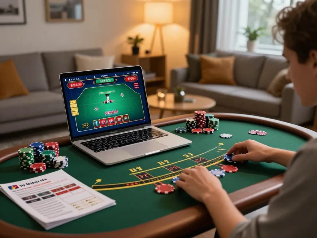 Engaging with ty le keo nha cai in online blackjack, vibrant home gaming ambiance.