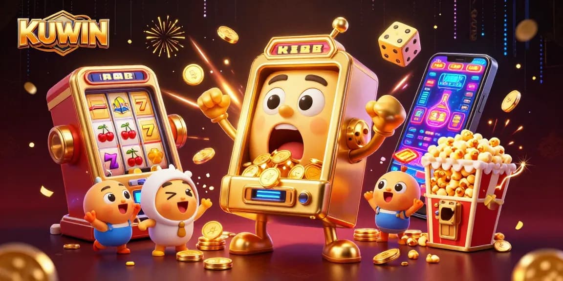 KUWIN celebrates winning on a slot machine with vibrant coins and cheering characters in this dynamic casino scene.