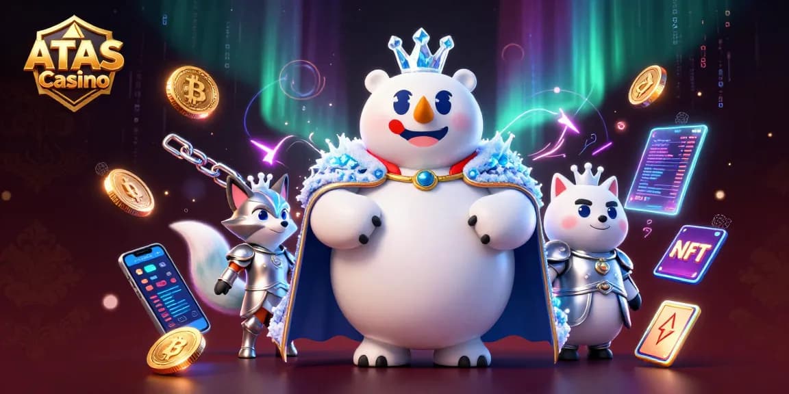 Engage in thrilling games at ATAS Casino with an ice king and snow fox in a vibrant 3D scene.