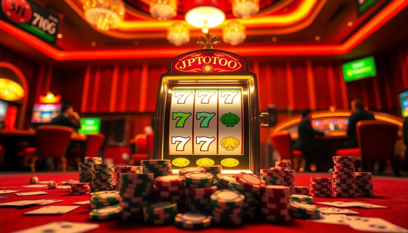 Pemain JPTOTO merayakan kemenangan besar di mesin slot kasino yang diterangi.