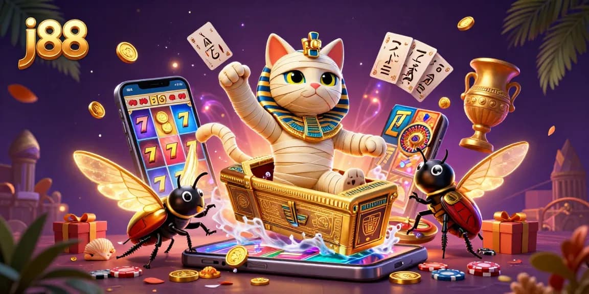 Spin your luck with j88 slots in a vibrant casino scene featuring the mummy cat.