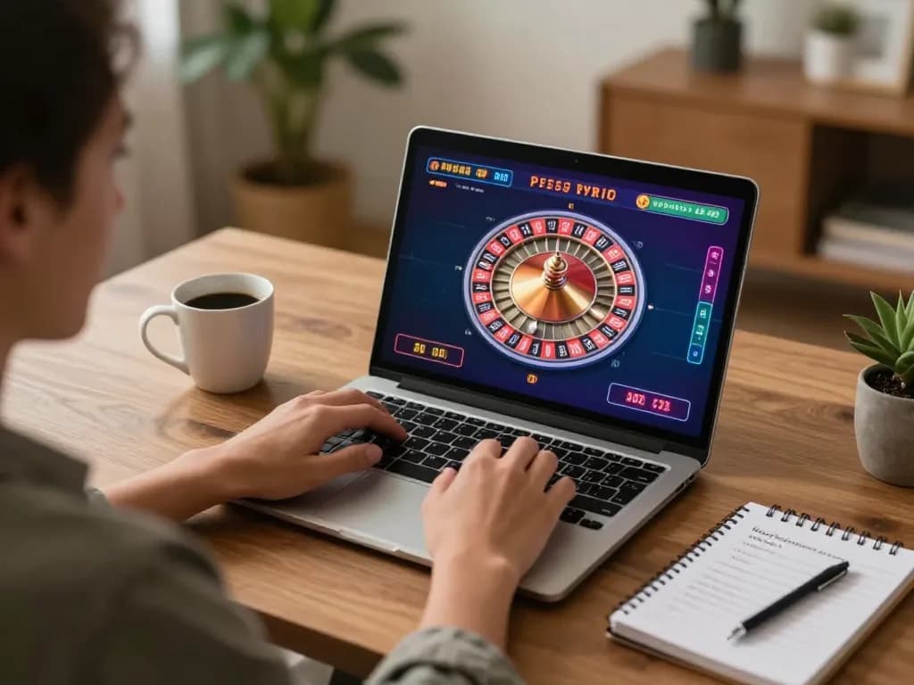 Person enjoying iwin online casino game on laptop, showcasing a vibrant roulette wheel in action.