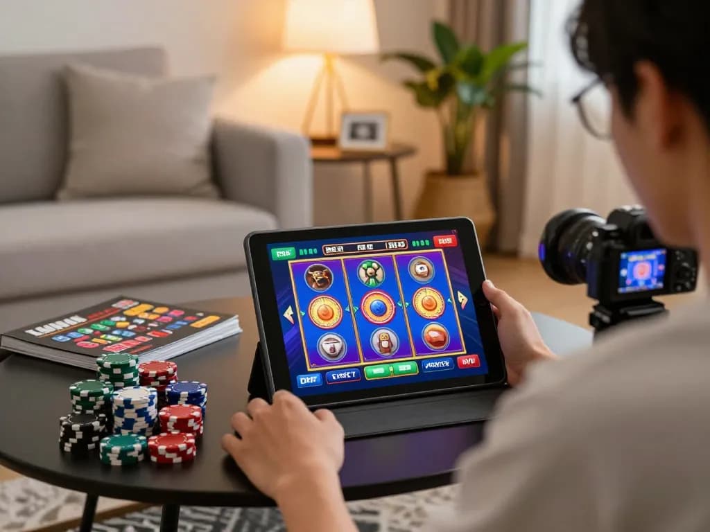 Enjoying a thrilling game on bem88's online slots within a cozy home setting, surrounded by strategy notes and chips.