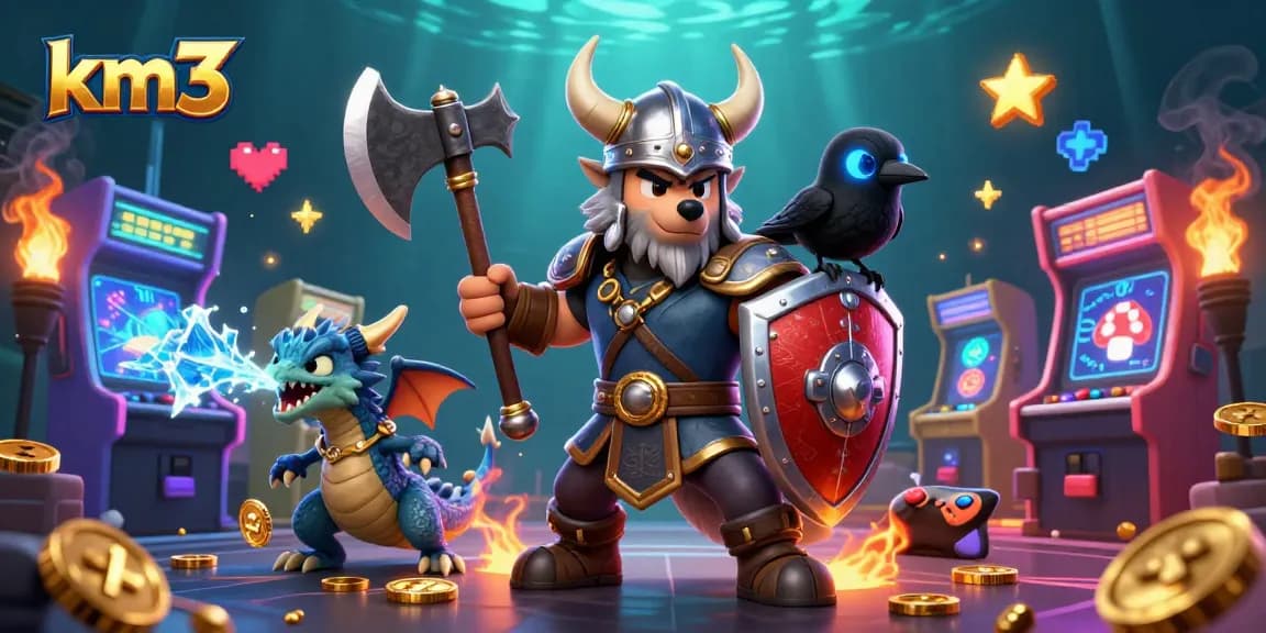 Catch the excitement at km3 casino with the Viking wolf warrior, fierce dragon, and vibrant game elements!