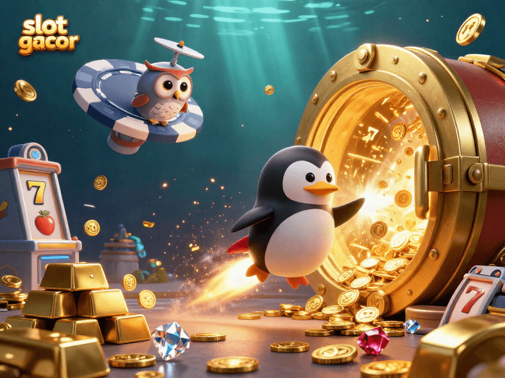 Engage with slot gacor as a golden penguin zooms past a vibrant casino space station.