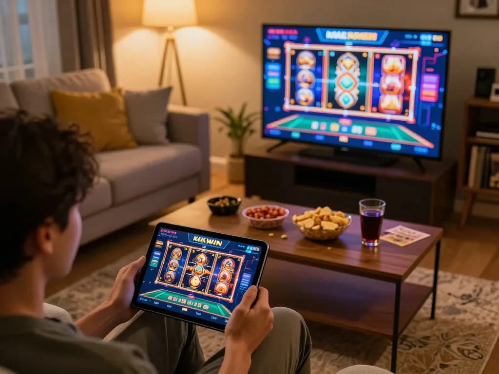 Engaging gameplay on KKWIN app showcasing vibrant slot machines and card tables in a cozy home setting.