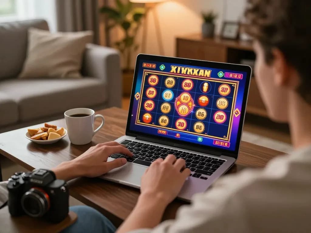 Engaging online gaming moment with F168COM slot interface on laptop showcasing a cozy home gaming scene.