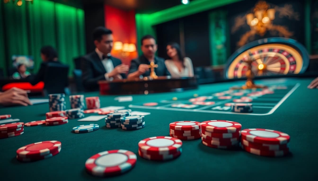 Gamblers enjoying high-stakes excitement at https://go88app.cn.com/ casino with luxury poker chips and cards.