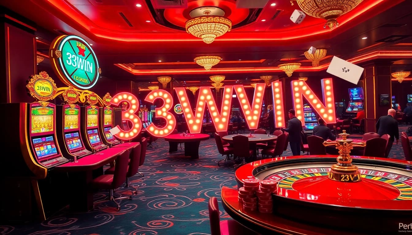 33WIN casino scene showcasing vibrant slot machines and poker action for enthusiastic gamblers.