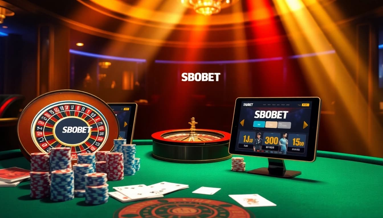Experience sbobet login indonesia with vibrant casino elements highlighting poker chips and online betting interfaces.
