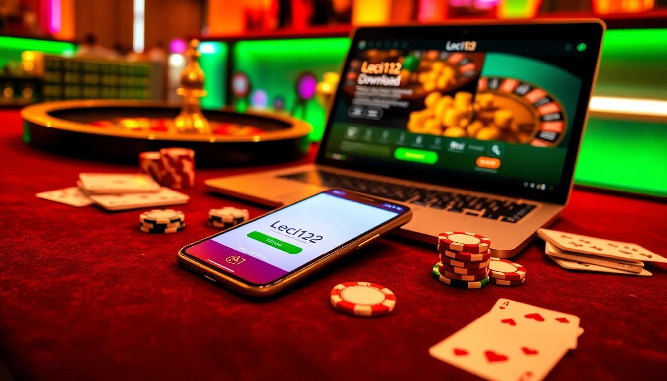 Leci123 download page displayed on devices alongside poker chips, immersive casino ambiance.
