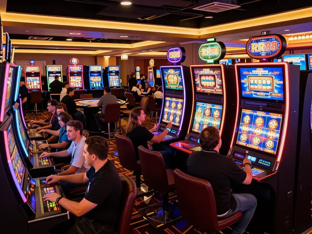 Players enjoying vibrant slot games at RR88 casino with engaging digital displays.