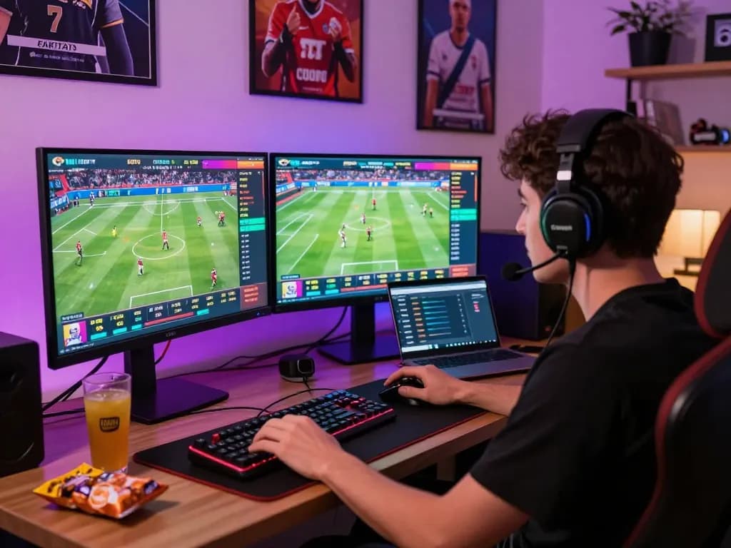 Exciting dynamic sports betting setup featuring Fabet interface, dual monitors, and gaming equipment in a lively atmosphere.
