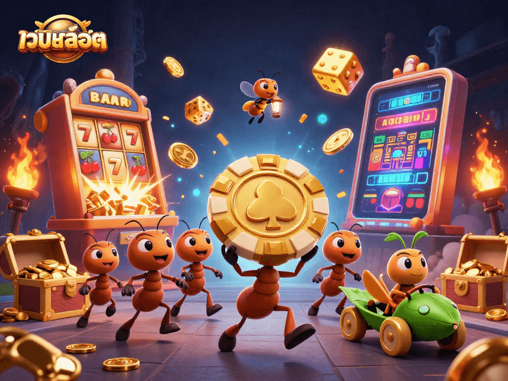 Engage in เว็บสล็อต excitement with 3D ants heisting a giant poker chip amidst a jackpot scene.
