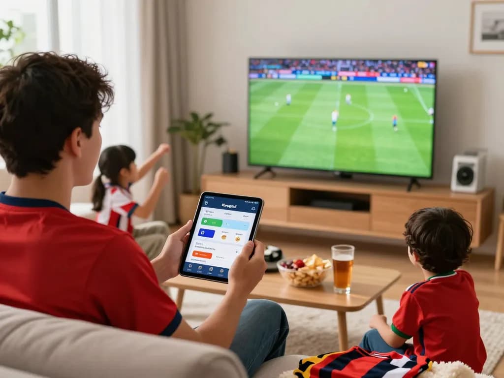Engaged fan checking Nowgoal app for live football scores in a cozy living room.