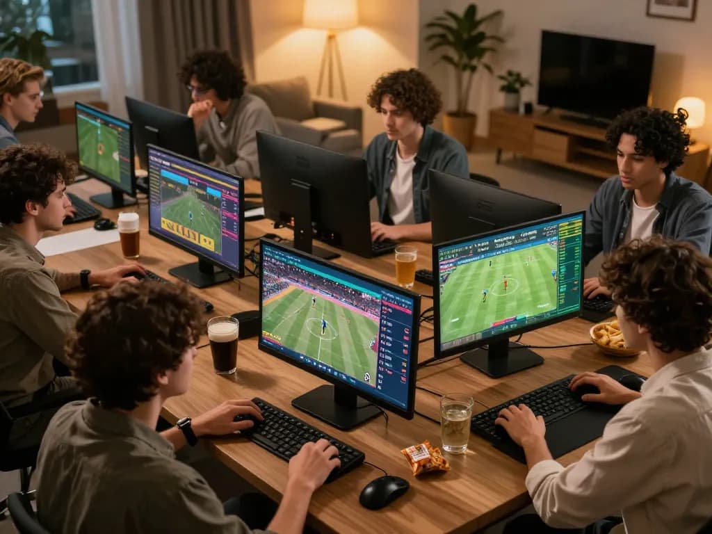 Engaged gamblers using the bsport app for sports betting at home, showcasing modern devices and a vibrant atmosphere.
