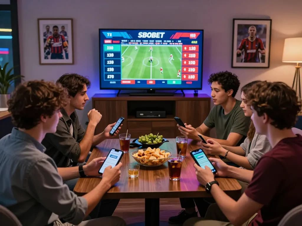 SBOBET sports betting scene with friends enjoying live odds and gaming excitement