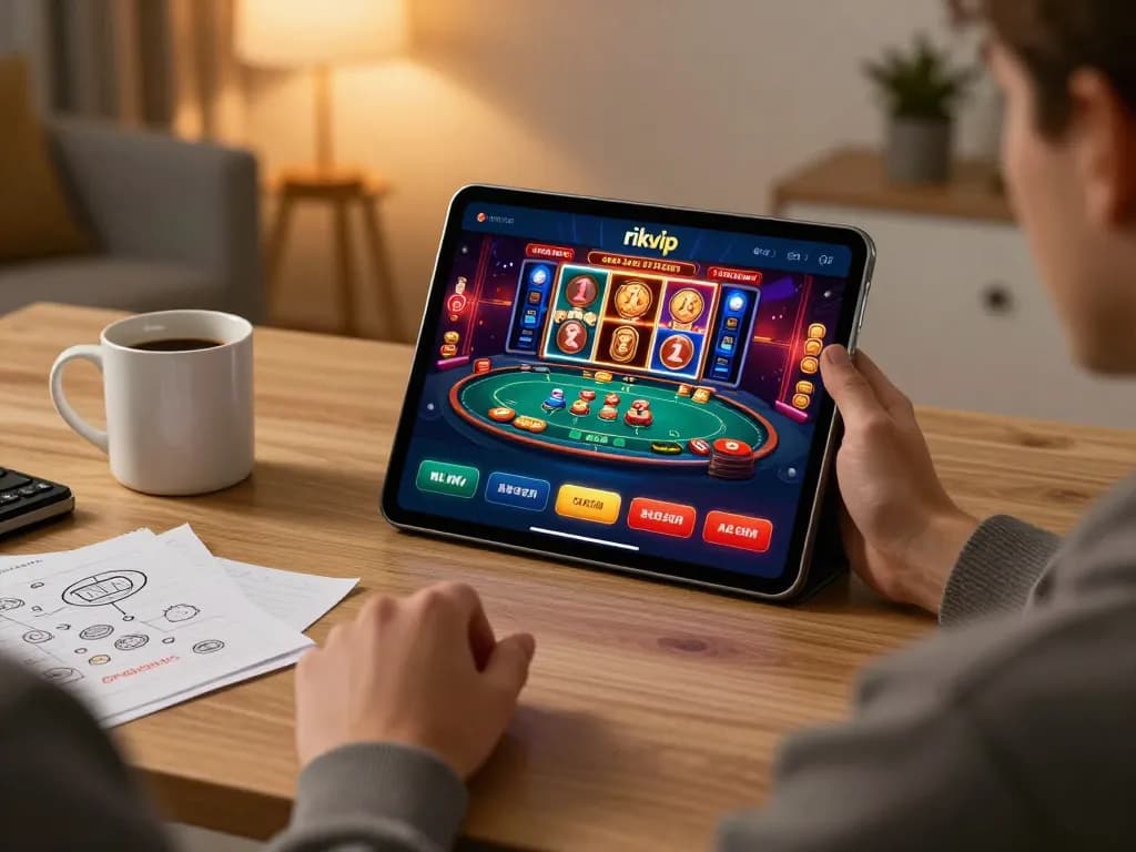 Engaging online gaming session on the rikvip platform, featuring a vibrant casino interface on a tablet