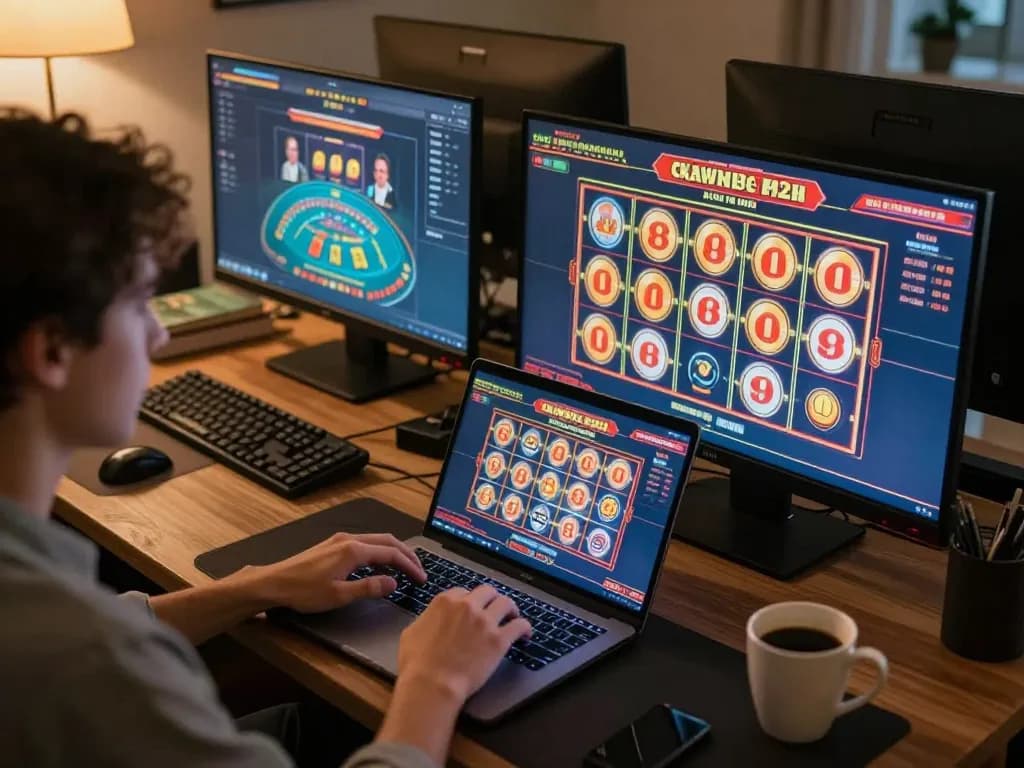 Player engaged in kp88 online casino action at home, showcasing gambling strategies and fun.