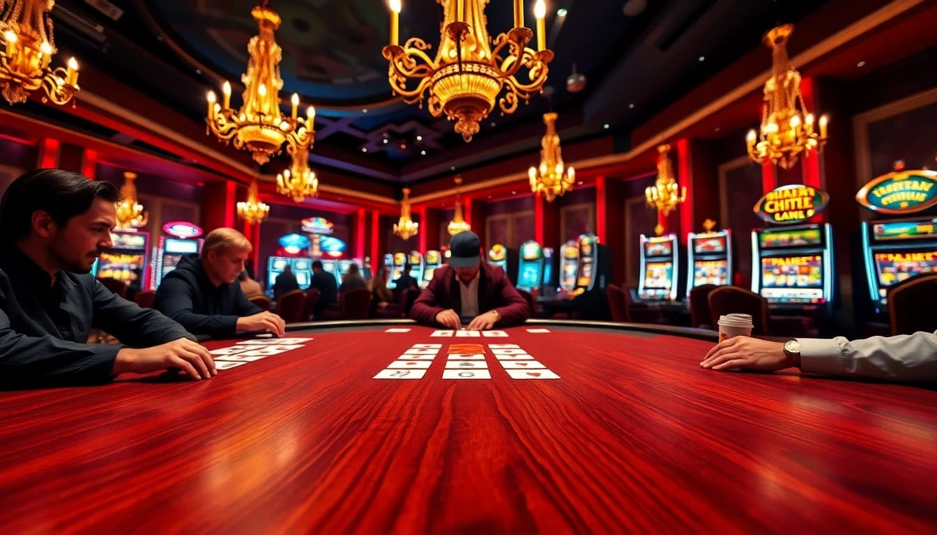 AT99 players engaged in an exciting poker game at an elegant casino table.