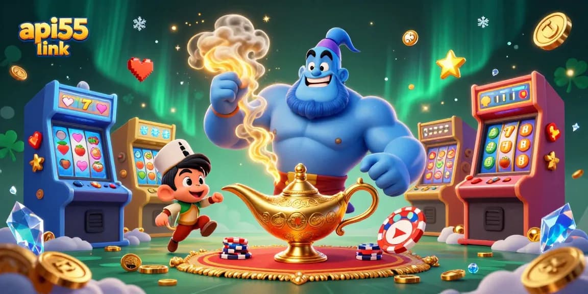 Experience thrilling wins with api55 link as a genie, monkey, and poker chips enveloped in casino magic.