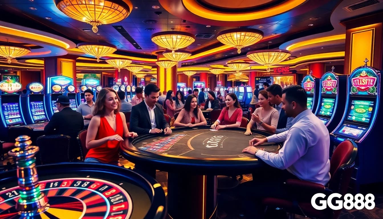 Players enjoying various gambling games at GG88's luxurious casino.