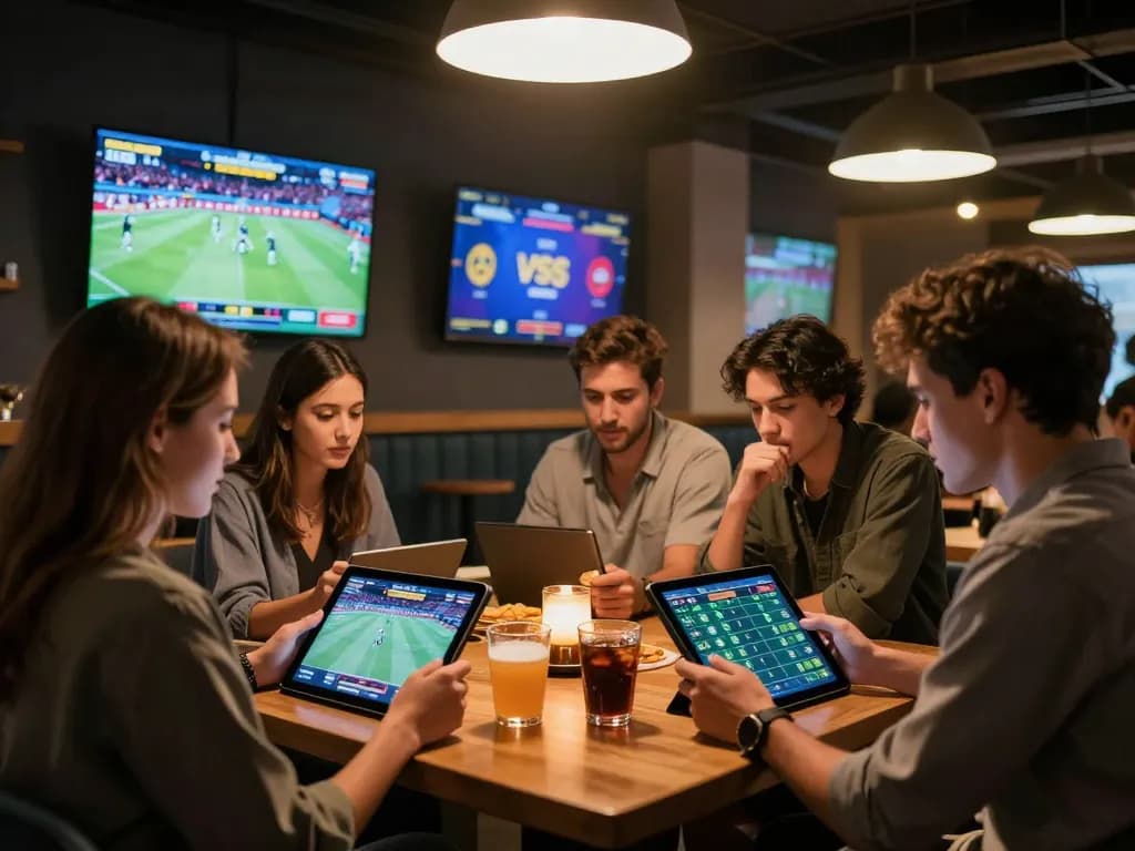 Sports betting excitement at 23winy with friends analyzing odds in a vibrant lounge.