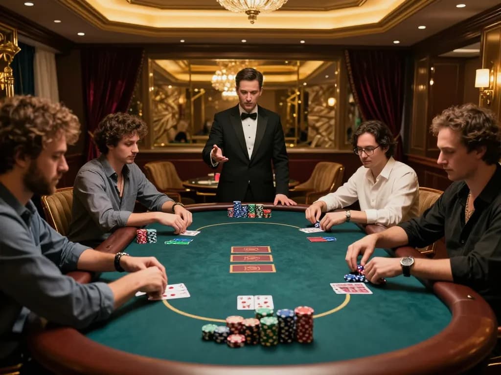 KJC members engaged in intense poker strategy at a luxurious private gaming table.