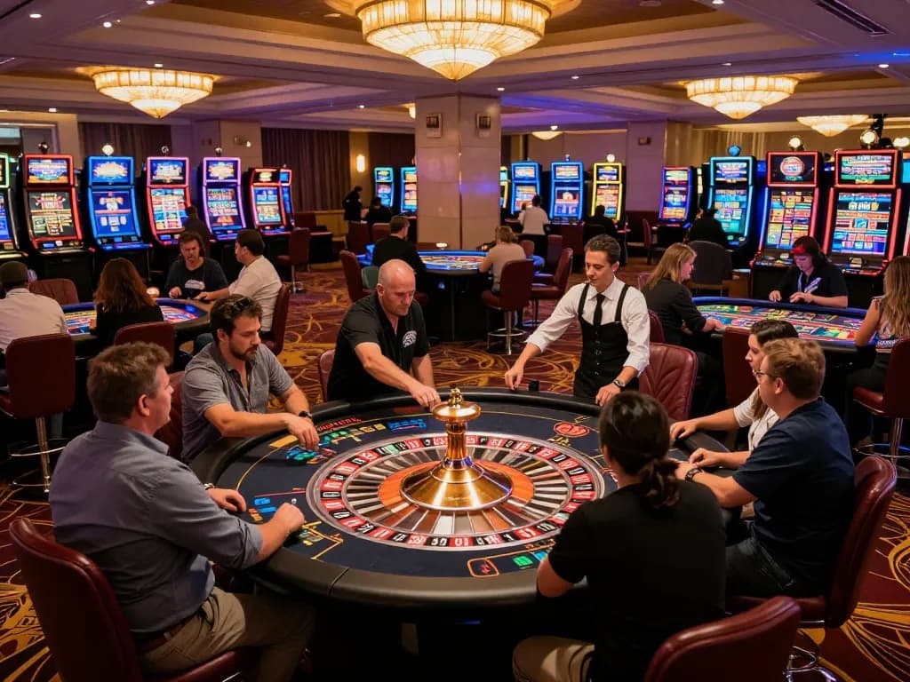 Exciting gameplay at tập đoàn okwin's casino floor, featuring roulette and engaged players.