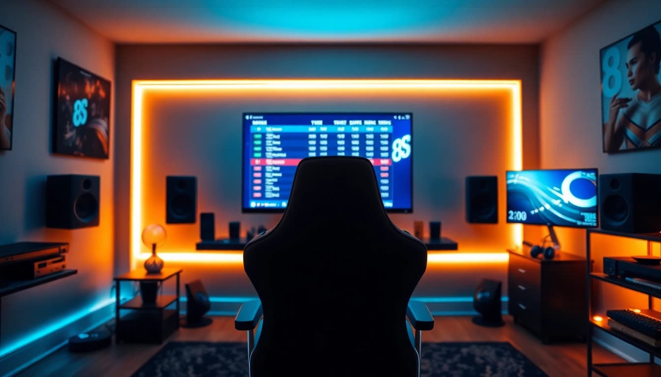 Engaging gaming room setup showcasing 8S online betting experience with vibrant screen and cozy ambiance.