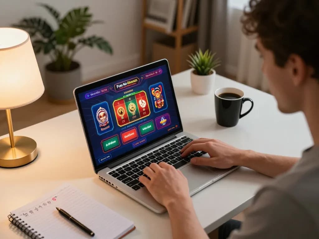 Engaged player enjoying various games from Free No Deposit Casinos on a laptop during cozy home session.