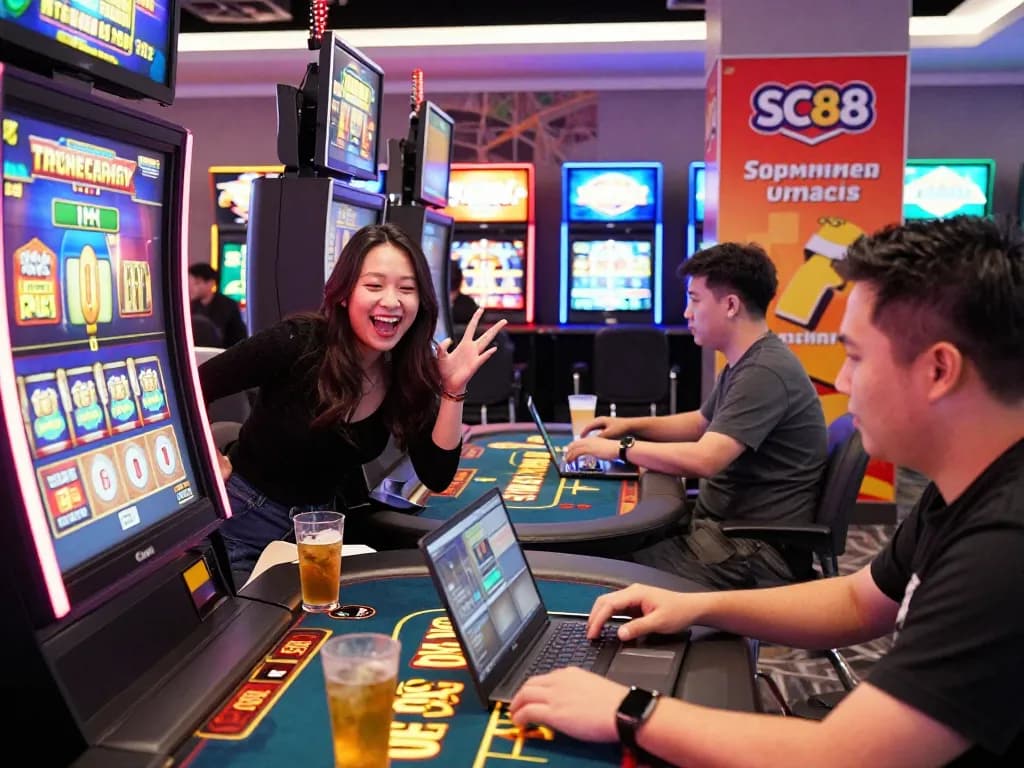 Excited players engaging with SC 88 online casino games in vibrant lounge.