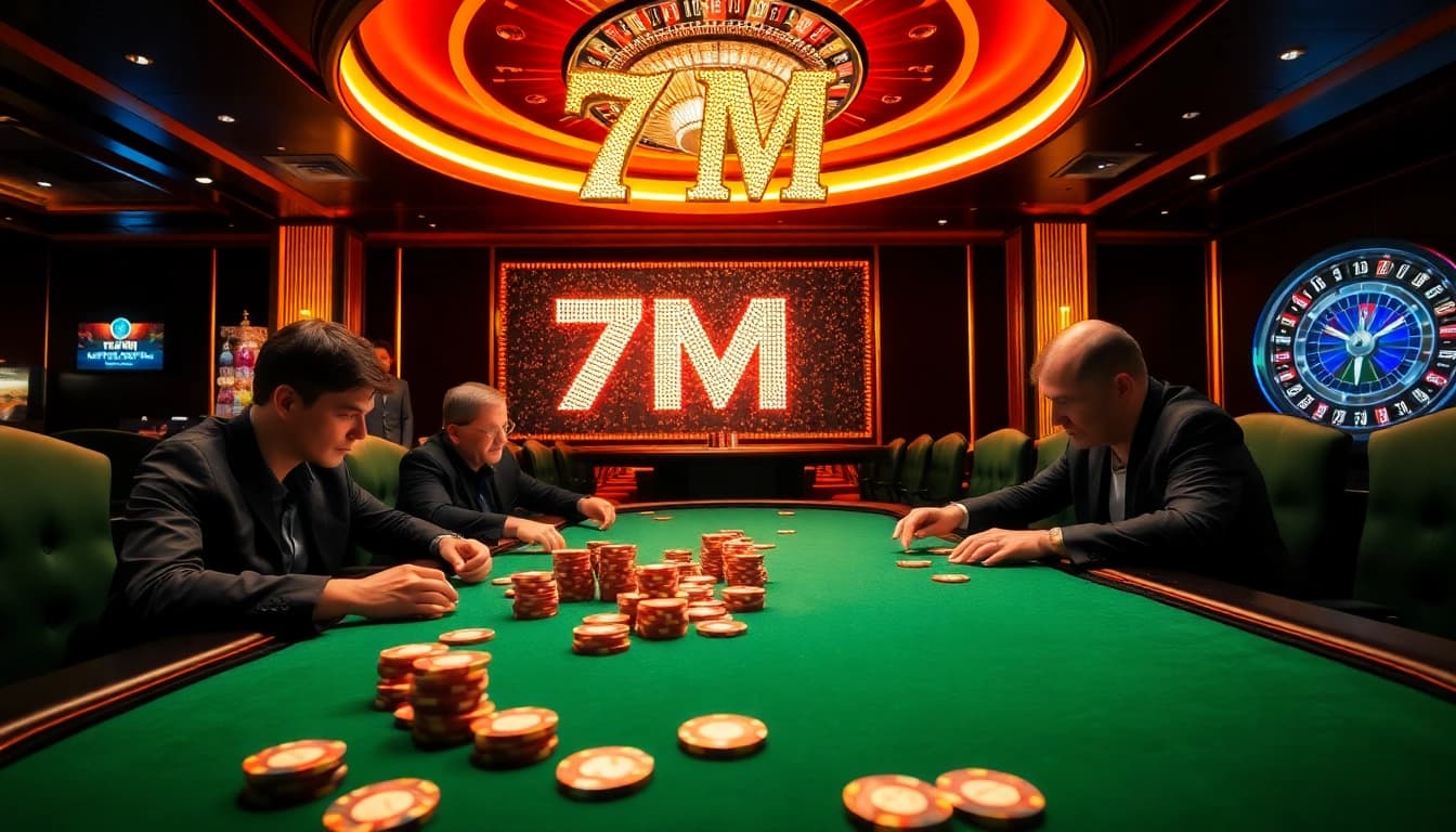 Exciting poker action at a luxurious casino featuring a 7M neon sign and vibrant atmosphere.