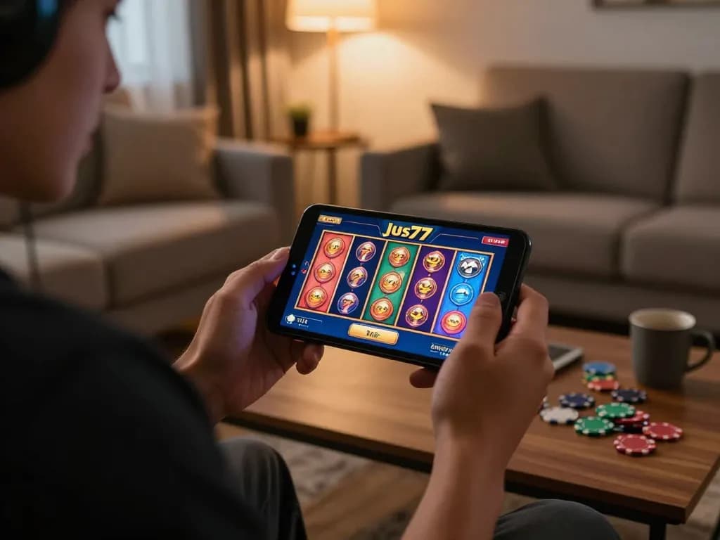 Gamer engaging with jus77 online casino on mobile device in a cozy living room setting.