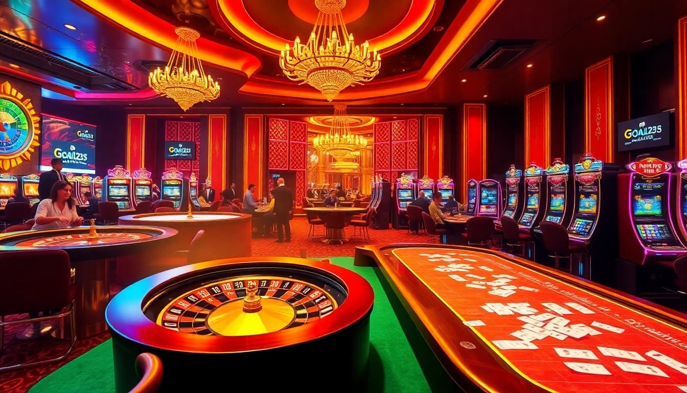 Experience the excitement at Goal123's luxurious casino with vibrant tables and flashing slot machines.