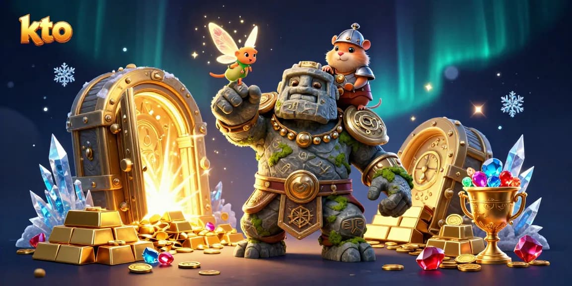 Engage with kto's thrilling slots and jackpots, surrounded by sparkling treasures and magical elements.