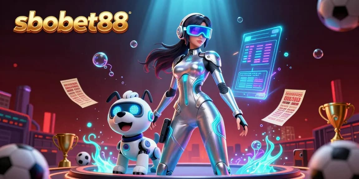 Experience sbobet88 sports betting action with dynamic imagery of a futuristic character and robotic companion.